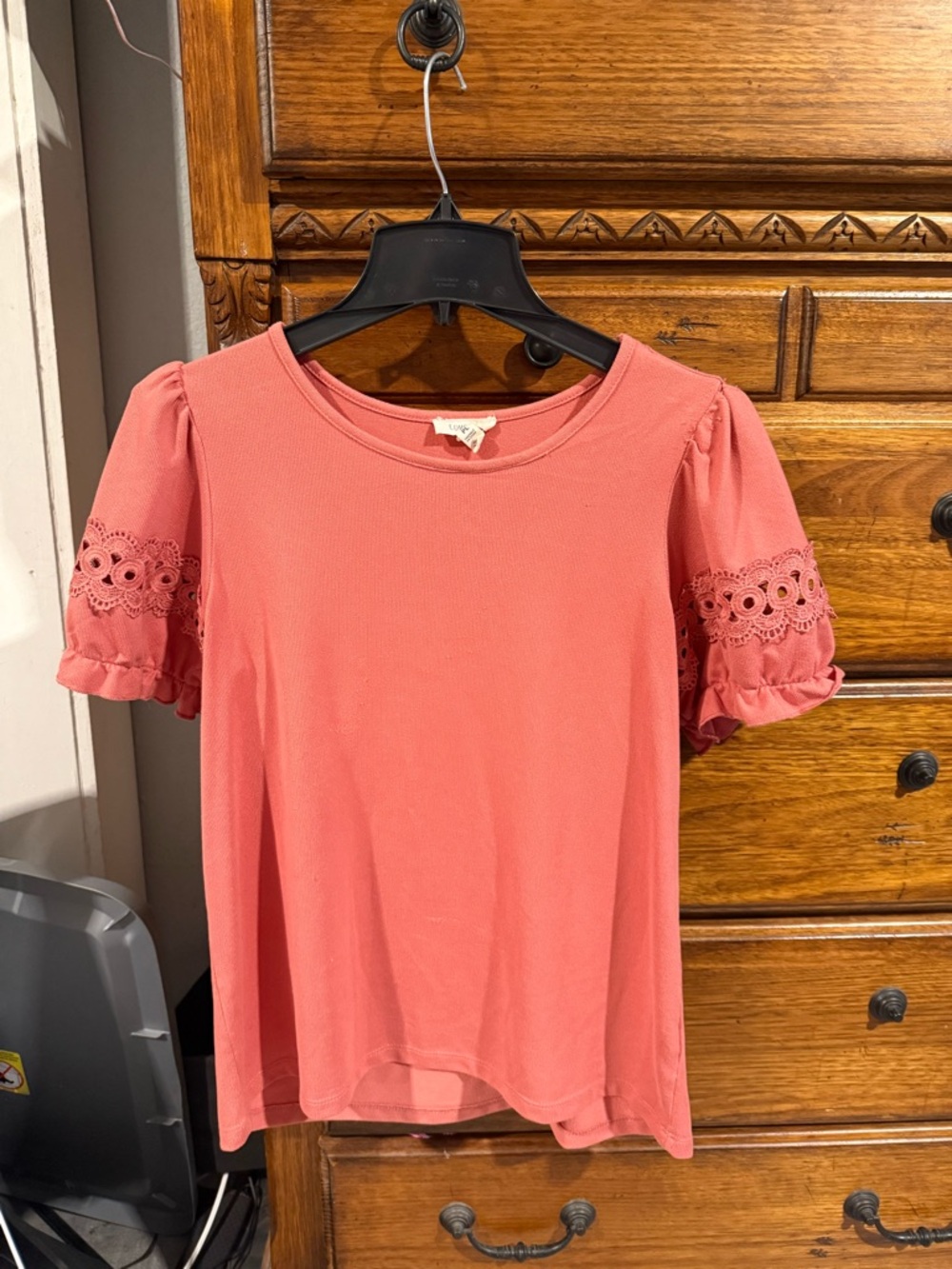 Lush Coral Puff-Sleeve Top with Eyelet Detail